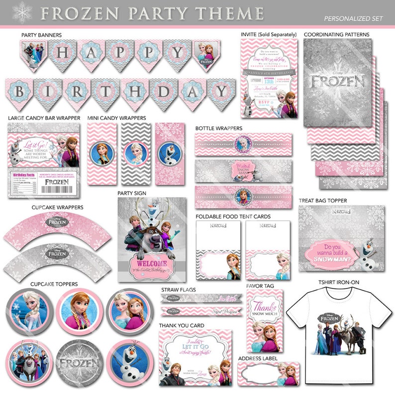 May include: Frozen party theme printable set with pink and gray chevron patterns. Includes party banners, cupcake wrappers, cupcake toppers, treat bag topper, bottle wrappers, food tent cards, straw flags, favor tag, thank you card, address label, and a t-shirt iron-on.  The set features characters from the Disney movie Frozen, including Elsa, Anna, Olaf, Kristoff, and Sven.