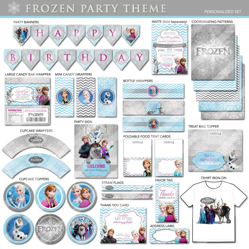 May include: Frozen party theme printable set with coordinating patterns, cupcake wrappers, cupcake toppers, bottle wrappers, treat bag topper, straw flags, favor tag, thank you card, address label, and t-shirt iron-on. The set features images of Elsa, Anna, Olaf, Kristoff, and Sven.