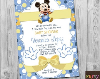 Baby Mickey Baby Shower Invitation Blue Mickey Mouse Baby Shower Invitations Blue Yellow Mickey Invite Digital Printable Template