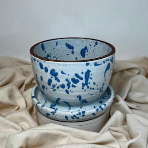 May include: A ceramic planter with a light blue speckled exterior and a dark brown rim. The planter sits on a matching saucer, both featuring a similar blue splatter design. The interior of the planter is a solid light blue.
