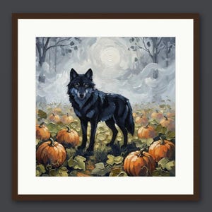 May include: A framed oil painting depicting a dark grey wolf standing in a pumpkin patch. The scene features orange pumpkins with green leaves on the ground, set against a misty, foggy forest background with a pale, glowing moon in the sky.