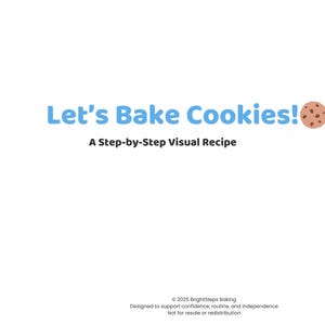 Pode incluir: Fundo branco com o texto azul "Let's Bake Cookies!" e um gráfico de biscoito. Abaixo, o texto diz "A Step-by-Step Visual Recipe." Informações de direitos autorais na parte inferior.
