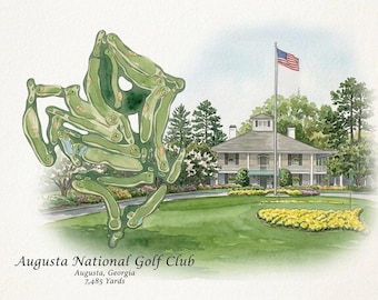 Mapa de campo de golf personalizado en acuarela: Cualquier campo, arte mural de golf, Día del Padre, Aniversario