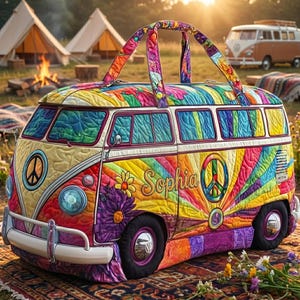 May include: A colorful, quilted tote bag shaped like a vintage VW bus. The bag features a peace sign, flowers, and the name "Sophia". The design incorporates vibrant rainbow colors and a retro aesthetic, perfect for a bohemian vibe.