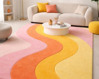 Alfombra de lana hecha a mano / Diseño abstracto ondulado en rosa, amarillo y naranja