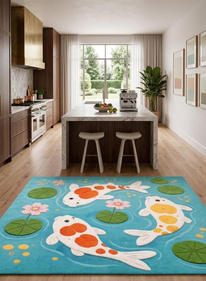 3D Sculpted Koi Pond Wool Rug – Aqua Fish Lily Pad Textured Area Carpet ...
