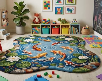 Alfombra de lana tejida a mano con diseño de estanque de carpas koi – Peces esculpidos, alfombra para área de nenúfares