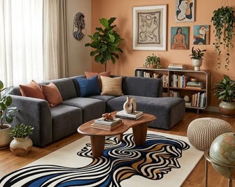 Abstraktes Gesicht Teppich, Moderner minimalistischer Wohnzimmer Teppich, Handgetufteter Wollteppich, Zeitgenössische Kunst