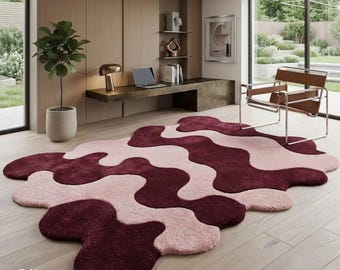Alfombra de lana tejida a mano con diseño ondulado de paisaje, alfombra moderna con borde biselado, ideas de decoración para el hogar. Alfombras indias.
