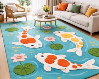 Hand-Tufted Wool Koi Pond Rug – 3D Sculpted Fish, Lily Pad Area Carpet