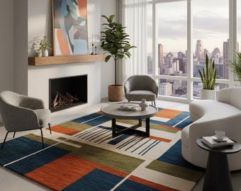 Alfombra de lana hecha a mano con diseño moderno de bloques de colores geométricos.