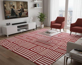 Alfombra de lana tejida a mano / Abstracto geométrico rojo y blanco