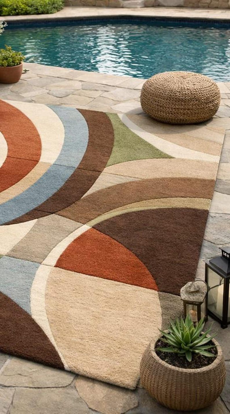 Overlapping Outdoor Rugs Hand-tufted Wool Area Rug | Earth Tone Geometric Abstract Design - Etsy