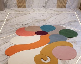 Alfombra de lana tejida a mano, forma ondulada abstracta, alfombra contemporánea.