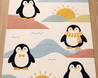Alfombra de lana con diseño de pingüino, tejida a mano / Decoración moderna para habitación infantil o sala de estar (8x10)