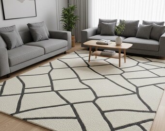 Alfombra de lana hecha a mano / Diseño geométrico único en beige y negro / Alfombra de regalo