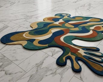 Alfombra de lana tejida a mano – Alfombra abstracta ondulada de forma irregular en tonos pastel, alfombra para sala de estar