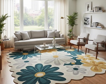 Alfombra de lana tejida a mano con borde festoneado floral, estilo moderno de mediados de siglo.