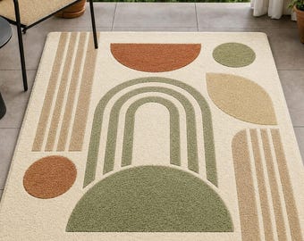 Alfombra geométrica moderna, alfombra abstracta beige verde terracota, alfombra para sala de estar.