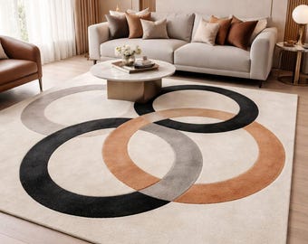 Alfombra de lana tejida a mano, diseño moderno de círculos, alfombra de lujo para sala de estar, 8x10,