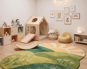 Alfombra ondulada de lana tejida a mano con diseño paisajístico, ideal para la decoración de habitaciones infantiles, con motivos florales inspirados en la naturaleza.