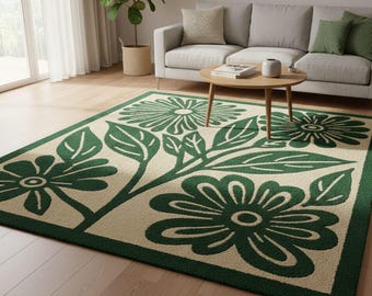 Alfombra de lana tejida a mano / Alfombra botánica floral verde