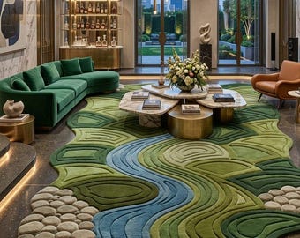 Alfombra de lana tejida a mano, diseño abstracto orgánico verde, alfombra moderna.