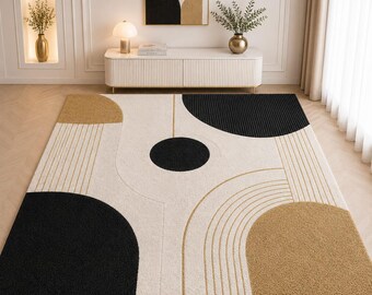 Alfombra de lana tejida a mano / Decoración moderna abstracta geométrica para el hogar, hecha en India.