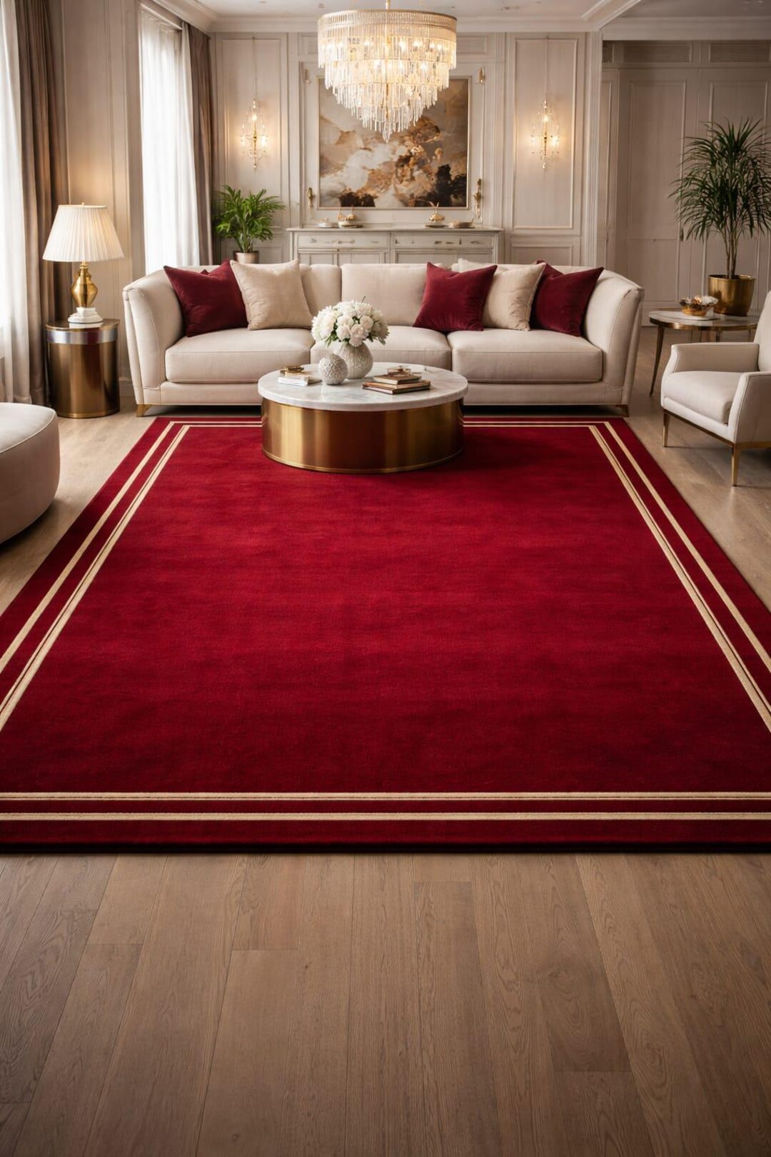Handgetuft wollen luxe rood tapijt met gouden rand – handgemaakt tapijt ...