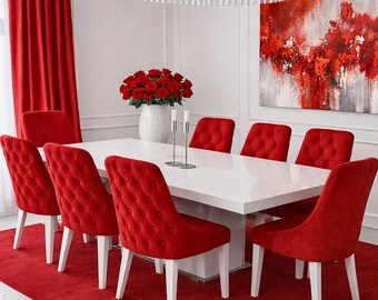 Alfombra de mesa de comedor moderna abstracta de lana roja tejida a mano, alfombra suave y mullida de 5x8