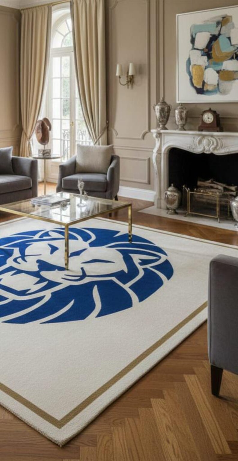 Rectangular Rug Emblem Hand-tufted Wool Lion Rug, Blue Emblem, Modern Royal Design - Etsy