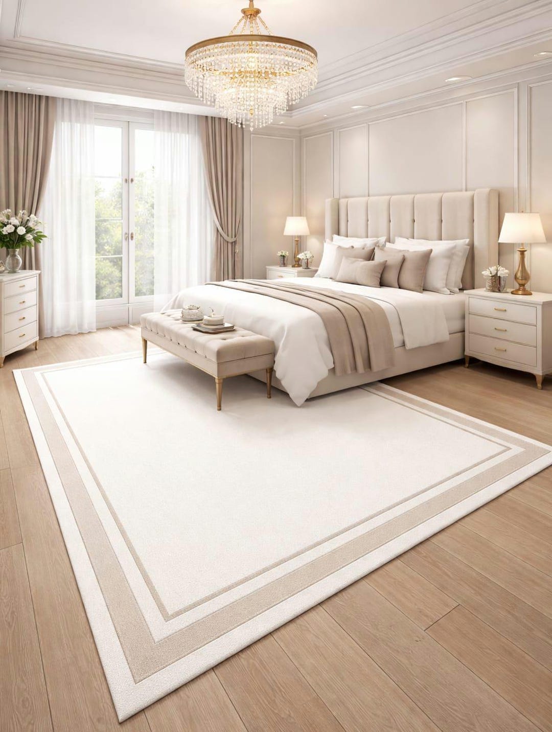 Hand Tufted Luxury White Area Rug With Beige Border – Handmade Wool Rug ...