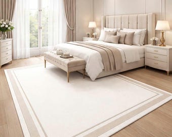 Alfombra de lana tejida a mano – Borde abstracto ondulado beige, alfombra minimalista moderna