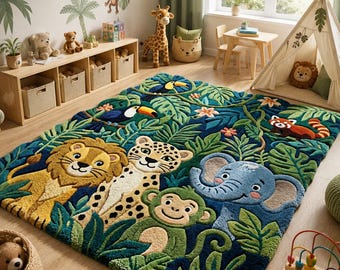 Hand Tufted Wool Jungle Safari Rug, Scalloped Animal Nursery Carpet, Kids Playroom Decor