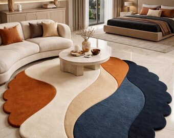 Alfombra de lana tejida a mano – Forma orgánica ondulada abstracta, alfombra moderna azul marino terracota