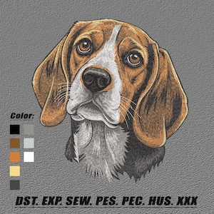 Puede incluir: Ilustración detallada de la cabeza de un perro Beagle, con pelaje marrón, blanco y negro. El perro tiene ojos grandes y expresivos y orejas largas y caídas. La imagen incluye una paleta de colores y texto en la parte inferior.