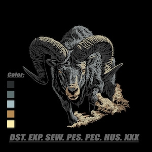 May include: An embroidery design featuring a detailed ram with large curved horns, rendered in shades of black, gray, and tan. The image includes a color palette sidebar, the text Color, and the file formats DST, EXP, SEW, PES, PEC, HUS, and XXX.