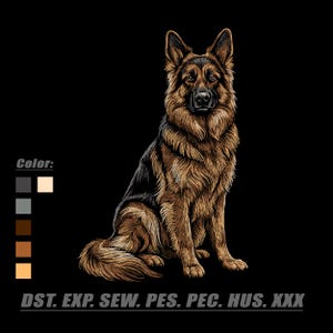 Könnte beinhalten: Eine detaillierte Illustration eines sitzenden Deutschen Schäferhundes mit schwarz-braunem Fell. Links zeigt eine Farbpalette fünf Schattierungen von Dunkelgrau bis Hellbeige. Unten steht der Text: DST. EXP. SEW. PES. PEC. HUS. XXX.