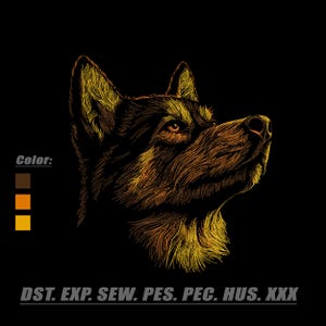 Pode incluir: Um perfil de cabeça de cão bordado em tons de castanho, laranja e amarelo sobre um fundo preto. A imagem inclui um guia de paleta de cores com três quadrados e o texto Color: e DST. EXP. SEW. PES. PEC. HUS. XXX na parte inferior.