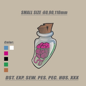 Puede incluir: Diseño bordado de un cerebro dentro de una botella de vidrio con un corcho. El cerebro es rosa y la botella tiene detalles verdes. El texto en la parte superior dice "SMALL SIZE: 60,90,110mm", es decir, 6cm, 9cm y 11cm.