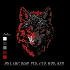 May include: A detailed illustration of a wolf's head, featuring a striking contrast of red and gray against a black background. The wolf's eyes are red, and the text "Color:" is visible, along with other text at the bottom.