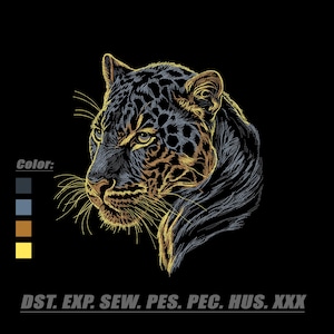 May include: An embroidery design featuring a detailed leopard head in shades of gold, blue, and grey on a black background. The image includes a colour palette guide labelled Color and a list of file formats: DST, EXP, SEW, PES, PEC, HUS, XXX.