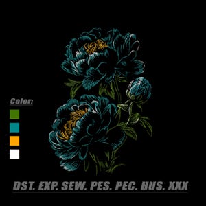 May include: An embroidery design featuring two large, dark teal peony blossoms and one bud with yellow centres and green leaves on a black background. The text Color: is followed by green, teal, orange, and white squares. File formats include DST, EXP, SEW, PES, PEC, HUS, XXX.