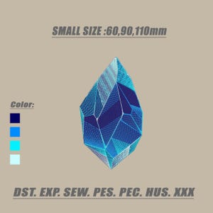 May include: A geometric, blue crystal design with varying shades of blue. The image includes the text "SMALL SIZE: 60,90,110mm" and a color palette. The design is likely for embroidery or digital art.