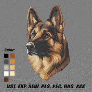 May include: Embroidered portrait of a German Shepherd dog's head, featuring detailed fur in shades of brown, black, and tan. The dog's eyes are focused, and the image includes a color palette and text at the bottom.