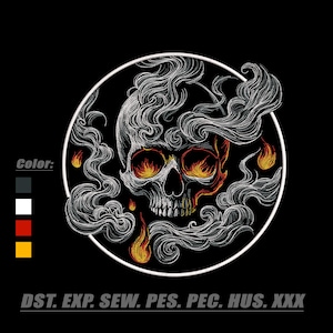 May include: An embroidery design featuring a central skull surrounded by swirling white smoke and orange flames, all enclosed within a circular white border. The text Color: is displayed next to four colored squares, and the file formats DST, EXP, SEW, PES, PEC, HUS, XXX are listed below.