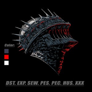 Puede incluir: Un diseño bordado de un casco de caballero con púas en perfil, con hilos de colores gris oscuro, rojo y blanco. La imagen incluye el texto Color: y una lista de formatos de archivo: DST. EXP. SEW. PES. PEC. HUS. XXX sobre un fondo negro.