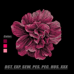 May include: A digital embroidery design of a dark magenta flower with intricate line work on a black background. The image includes a color palette section labeled Color with three shades of pink and text reading DST. EXP. SEW. PES. PEC. HUS. XXX.