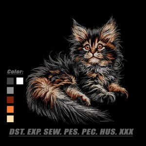 May include: An embroidery design featuring a long-haired kitten with black, brown, and white fur. The image includes a color palette chart with six squares and the text Color: followed by file formats DST, EXP, SEW, PES, PEC, HUS, and XXX.