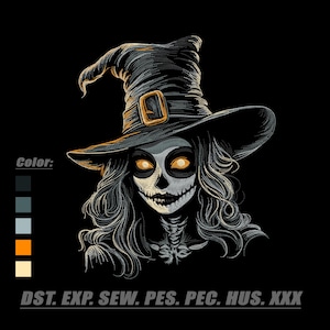May include: An embroidered design of a witch with a skull-like face, glowing orange eyes, and a pointed hat with a gold buckle. The image includes a colour palette of black, grey, light blue, orange, and cream, with the text DST. EXP. SEW. PES. PEC. HUS. XXX.